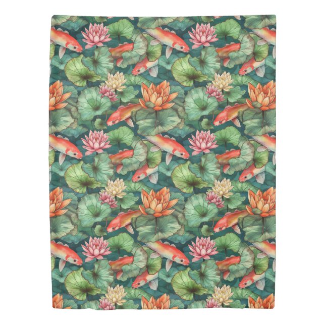 Watercolor Koi & Water Lilies Duvet Cover (Front)