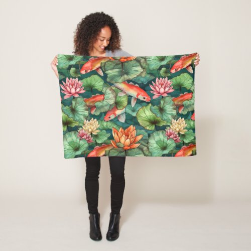 Watercolor Koi  Water Lilies Fleece Blanket