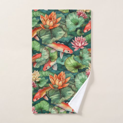 Watercolor Koi  Water Lilies Hand Towel