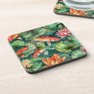 Watercolor Koi & Water Lilies Hard plastic coaster