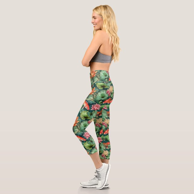 Watercolor Koi & Water Lilies High Waisted Capris (Left)