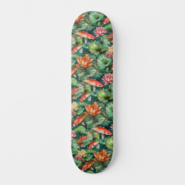 Watercolor Koi & Water Lilies Skateboard (Front)