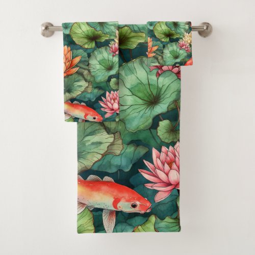 Watercolor Koi  Water Lilies Towel Set