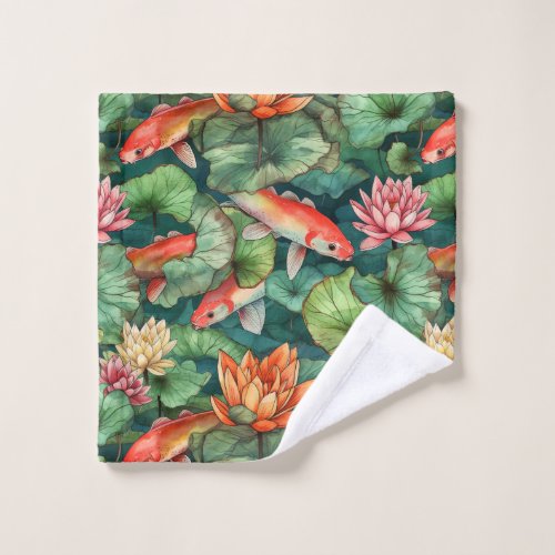 Watercolor Koi  Water Lilies Wash Cloth