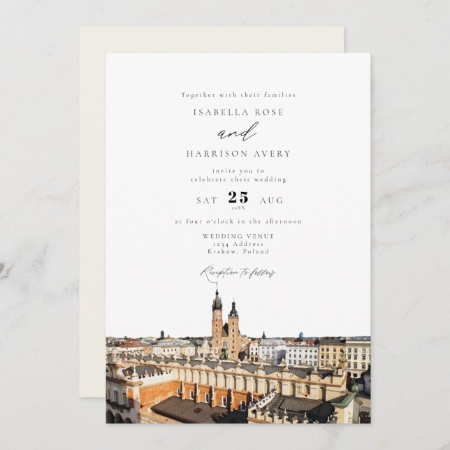 Watercolor Kraków Skyline Buildings Wedding Invitation (Front/Back)