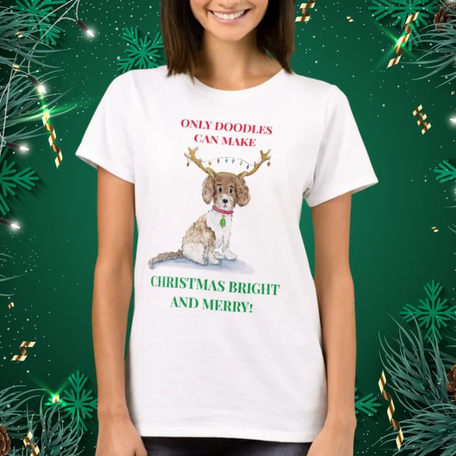 Watercolor Labradoodle Christmas Lights Antlers T- T-Shirt (Creator Uploaded)