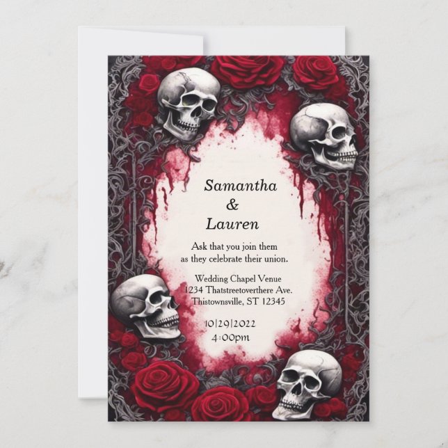 Watercolor Lace Skulls Framed Goth Wedding Invitation (Front)