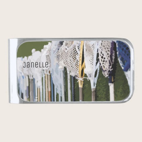 Watercolor Lacrosse Sticks Silver Finish Money Clip