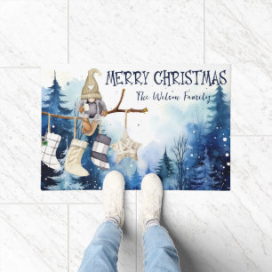 Watercolor Lady Gnome Blue Forest Merry Christmas Doormat