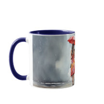 Watercolor Lady in The Rain Umbrella Red Dress Mug