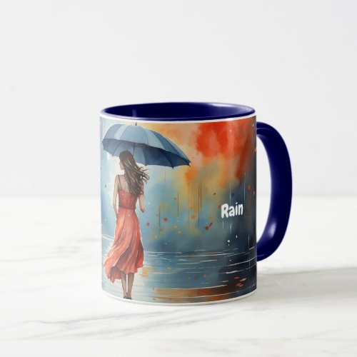 Watercolor Lady Rain with Umbrella Red Dress Mug