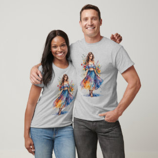 Watercolor Lady with Flowers on a Grey T-Shirt