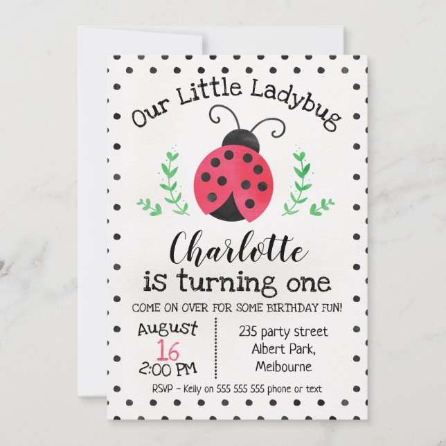 Watercolor Ladybug Birthday Invitation (Front)