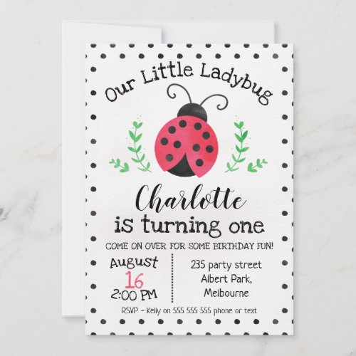 Watercolor Ladybug Birthday Invitation