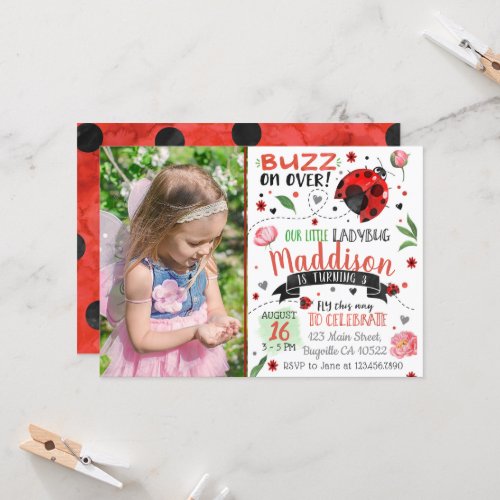 Watercolor Ladybug Birthday Invite with Photo