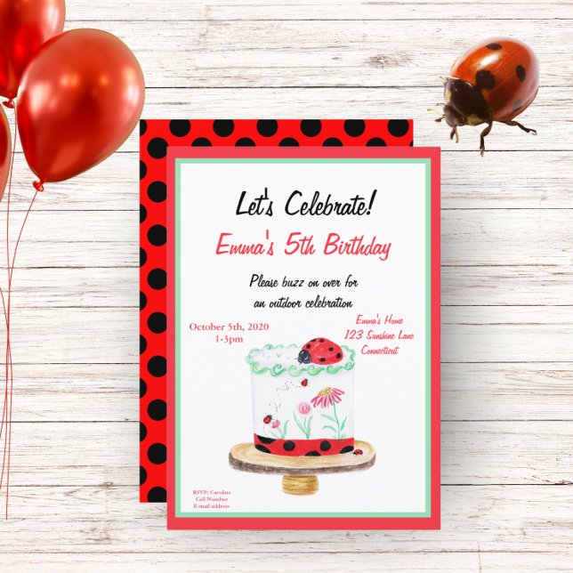 Watercolor Ladybug Cake Birthday Invitation