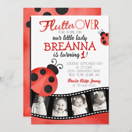 Watercolor Ladybug Filmstrip Multi Photo Birthday Invitation