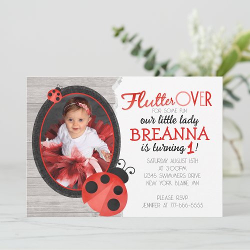 Watercolor Ladybug Photo Birthday Invitation