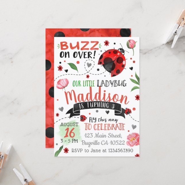 Watercolor Ladybug Spring Birthday Invitation (Front/Back In Situ)