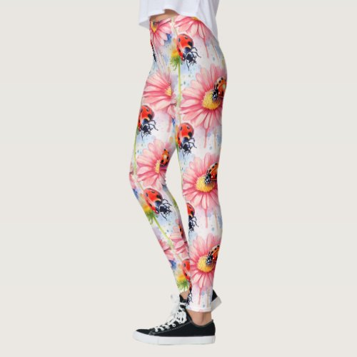 Watercolor Ladybugs on Flowers  Leggings