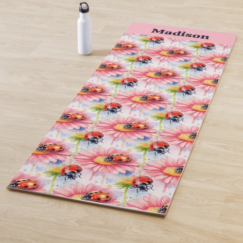 Watercolor Ladybugs on Flowers Yoga Mat