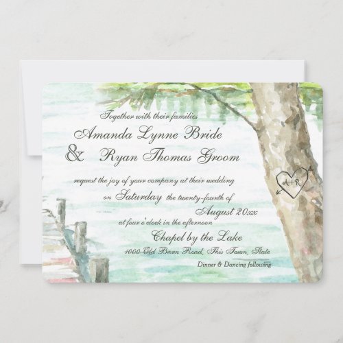 Watercolor Lake and Carved Tree Heart Invitation