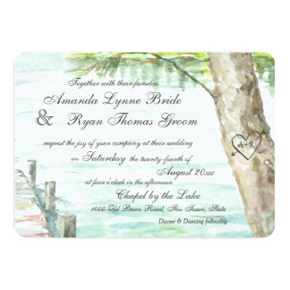 Watercolor Lake and Carved Tree Heart Invitation