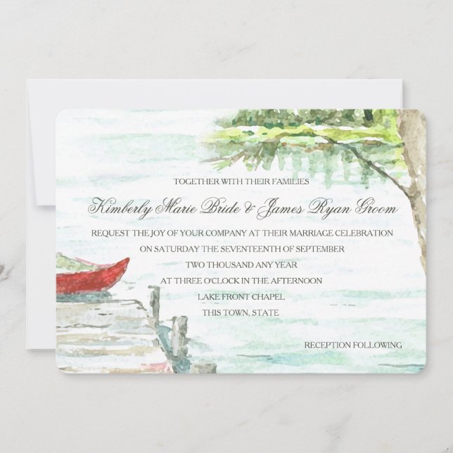 Watercolor Lake and Carved Tree Heart Invitation (Front)