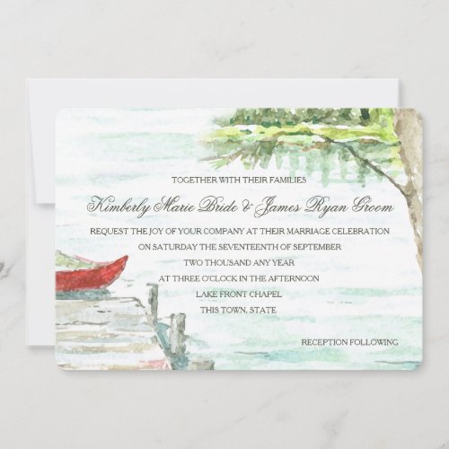 Watercolor Lake and Carved Tree Heart Invitation