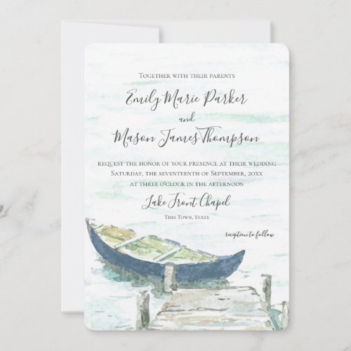 Watercolor Lake Blue Canoe Wedding Invitation