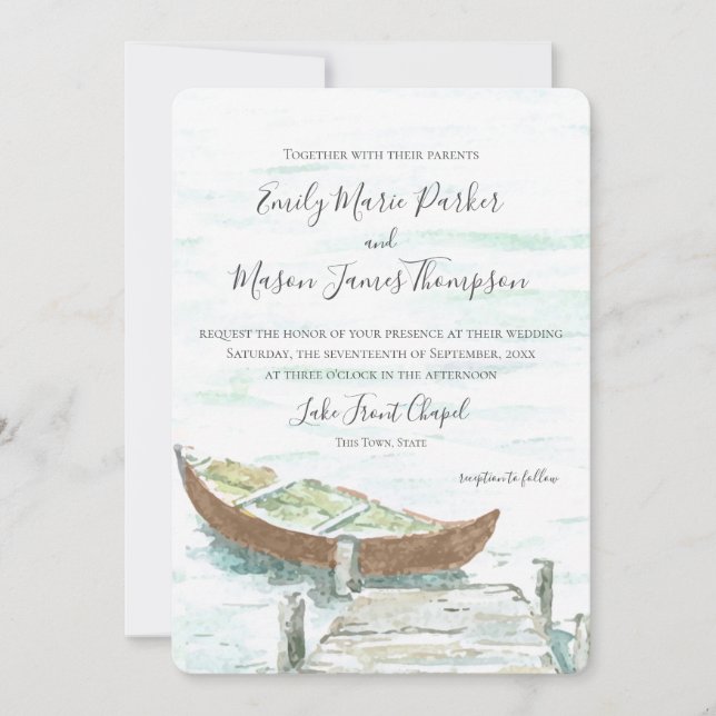 Watercolor Lake Canoe Wedding Invitation (Front)