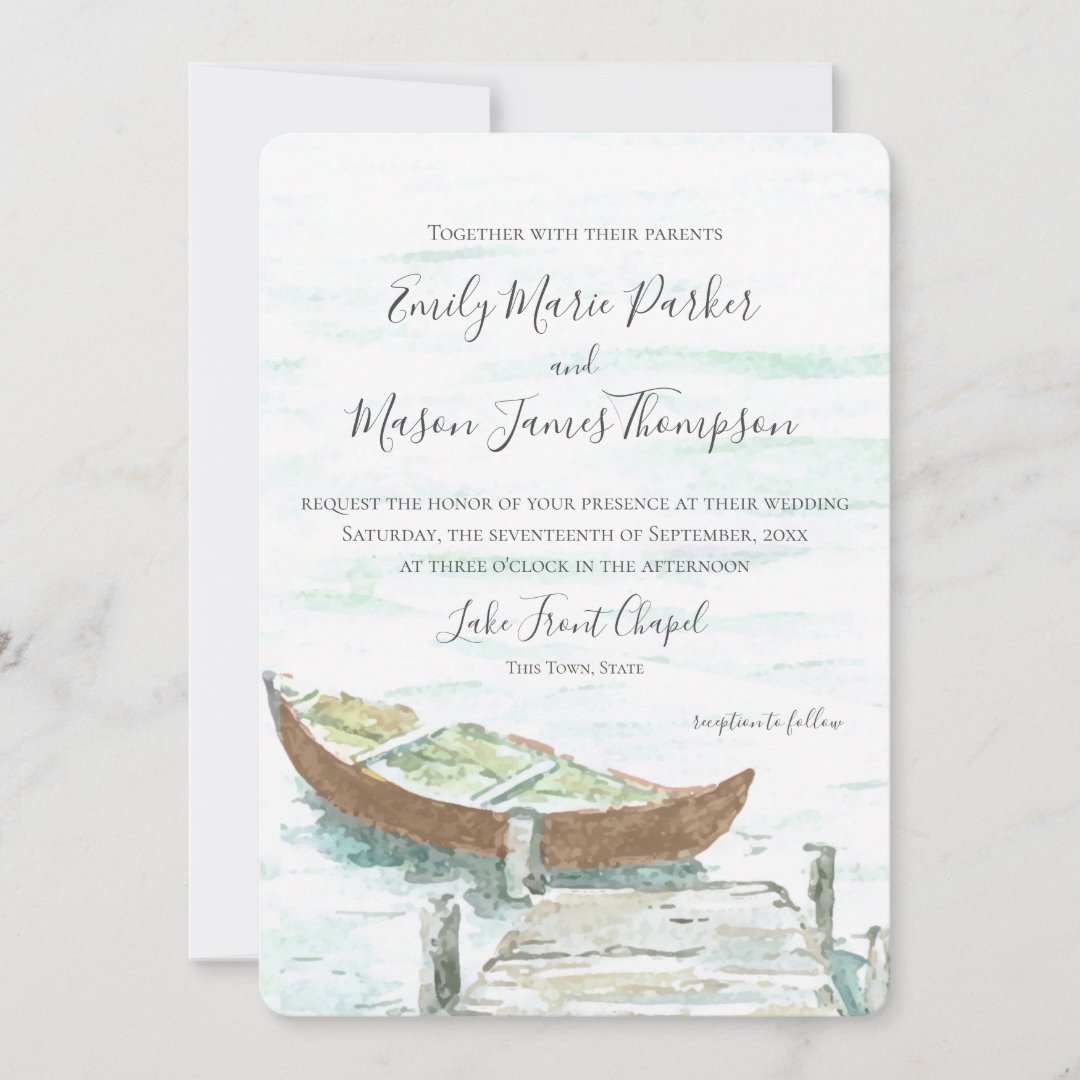 Watercolor Lake Canoe Wedding Invitation | Zazzle