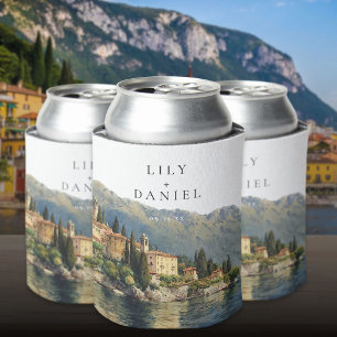 Watercolor Lake Como Italy Destination Wedding Can Cooler