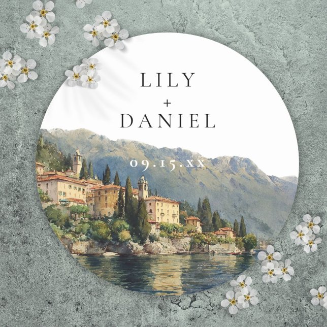 Watercolor Lake Como Italy Destination Wedding Classic Round Sticker (Watercolor Lake Como Italy Destination Wedding Classic Round Sticker)