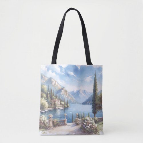 Watercolor Lake Como Italy Romantic wedding trip Tote Bag
