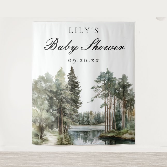 Watercolor Lake Forest Baby Shower Photo Backdrop (Front)