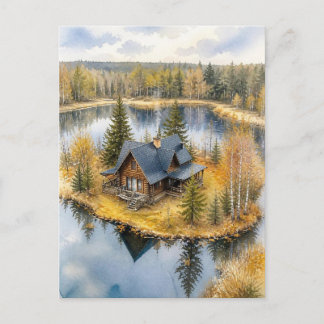 Watercolor Lake House in Autumn Forest Scenic Postcard