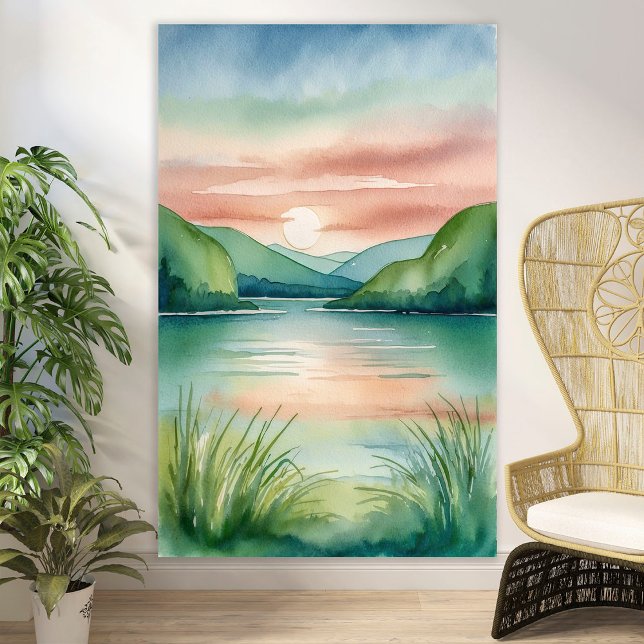 Watercolor Lake Landscape with Mountains & Sunset Poster (Creator Uploaded)