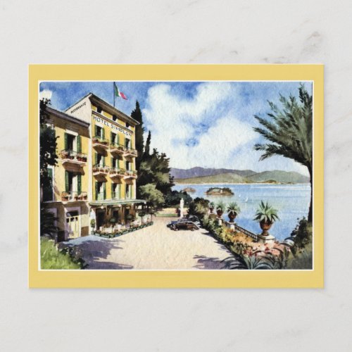 Watercolor Lake Maggiore Stresa Hotel Simplon Postcard