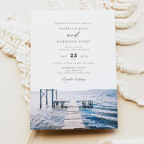 Watercolor Lake Pier Great Lakes Wedding Invitation
