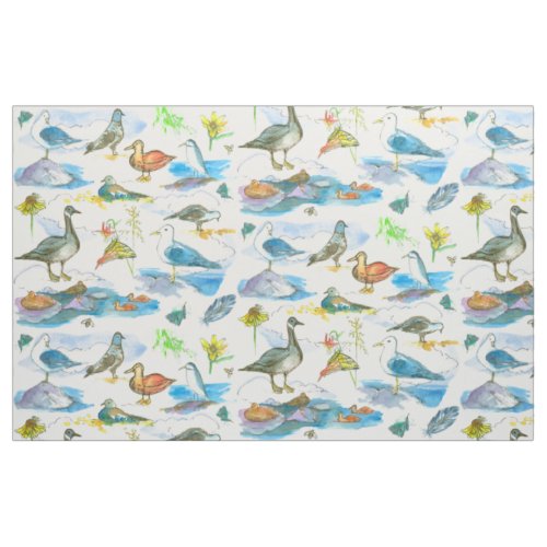 Watercolor Lake Shore Birds Ducks Fabric