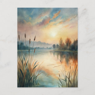 Watercolor Lake Sunrise Peaceful Postcard