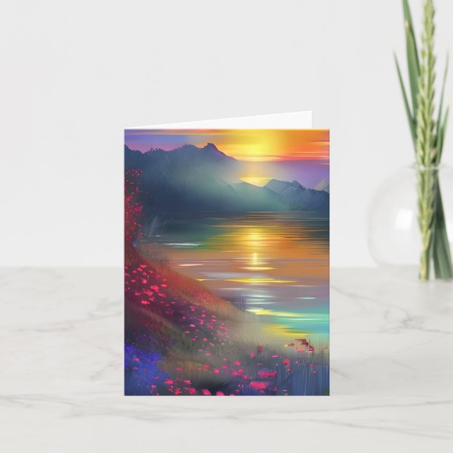 Watercolor lake sunset customizable card (Front)