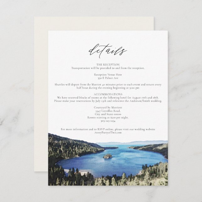 Watercolor Lake Tahoe Wedding Details Card (Front/Back)
