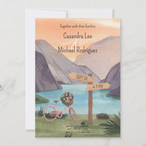 Watercolor Lake with bicycle scenery Wedding Invitation