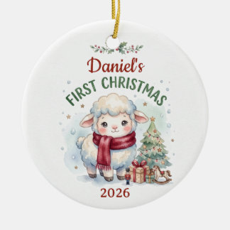 Watercolor Lamb Baby First Christmas Custom Ceramic Ornament