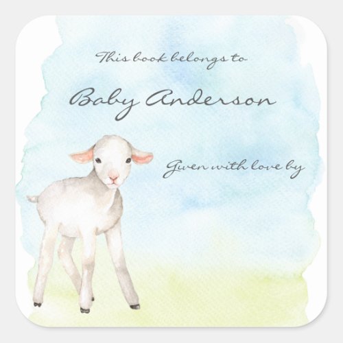 Watercolor Lamb farm animal baby shower bookplate