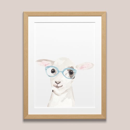 Watercolor Lamb in Glasses Farmyard Animal Nursery Poster