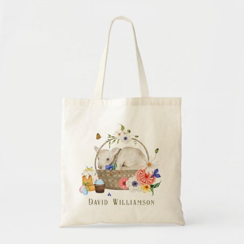 Watercolor Lamb Spring Flowers Basket Easter  Tote Bag