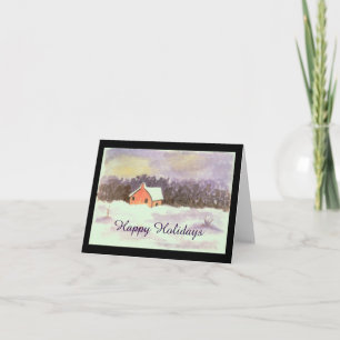 Watercolor Landscape Art House Snow Happy Holidays Holiday Card